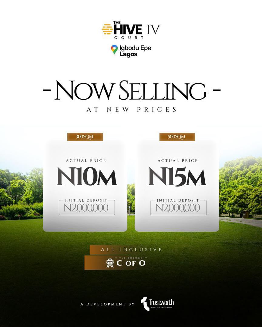The Hive IV Court flyer for Igbodu, Epe: 300 sqm at ₦10,000,000, 500 sqm at ₦15,000,000, initial deposit ₦2,000,000, and C of O title.