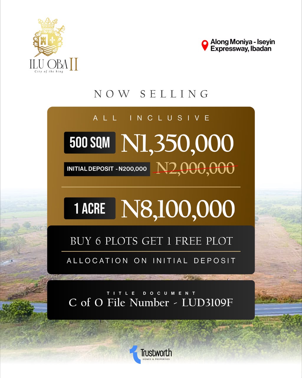 Ilu Oba Estate Phase Two flyer for Moniya, Ibadan: 500 sqm at ₦1,350,000, 1 acre at ₦8,100,000, and initial deposit of ₦200,000.