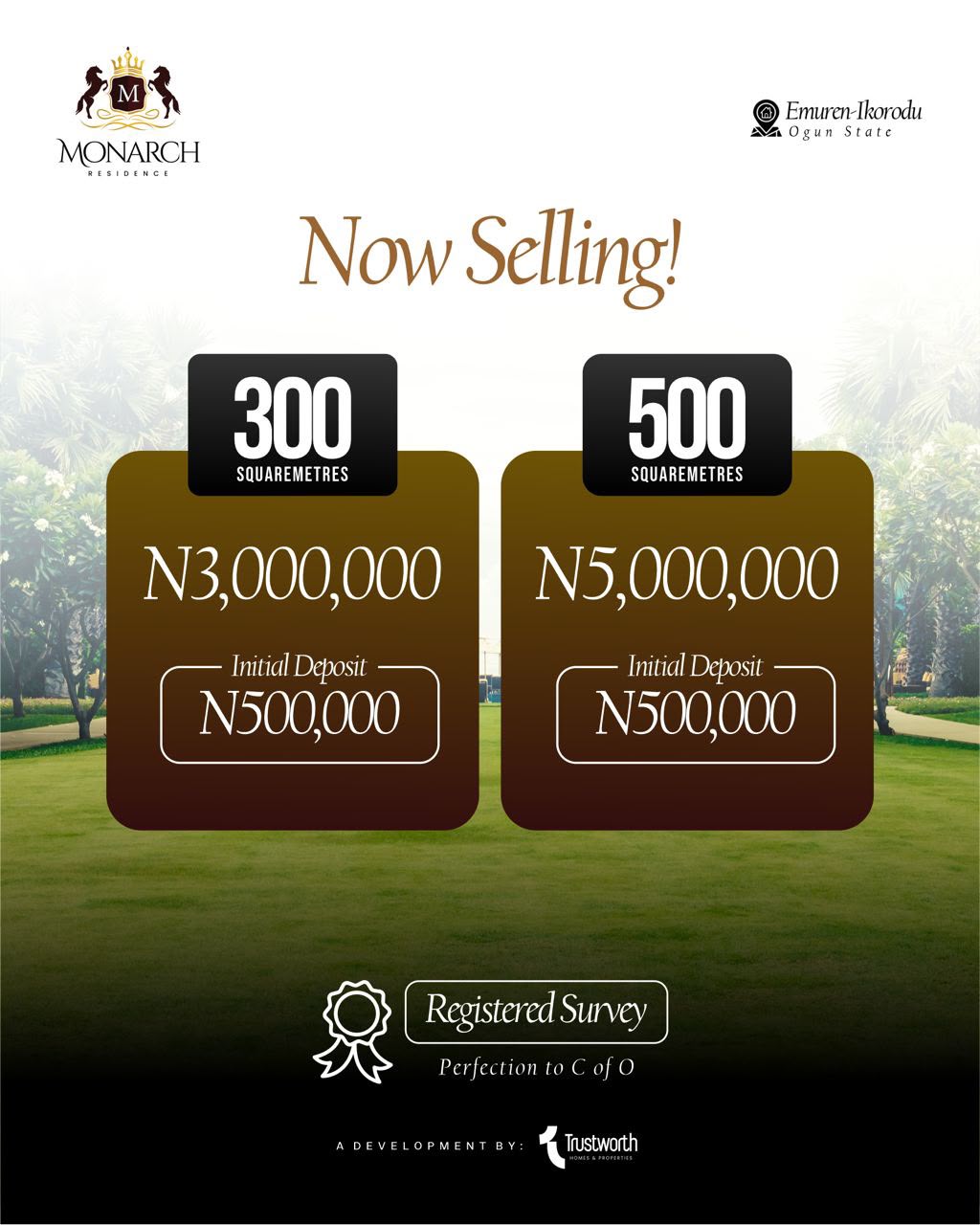 Monarch Residence flyer for Emuren, Ikorodu: 300 sqm at ₦3,000,000, 500 sqm at ₦5,000,000, and initial deposit of ₦500,000.
