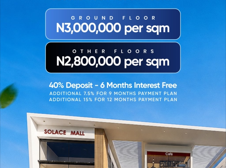 Solace Mall Orchid Road flyer: ground floor ₦3,000,000 per sqm, other floors ₦2,800,000 per sqm, with 40% deposit and a 6-month interest-free payment plan.